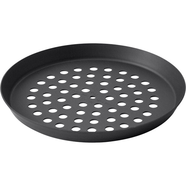 A black round LloydPans pizza pan with holes in it.