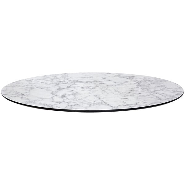 A BFM Seating Tribeca white marble composite table top with a marbled surface and knife edge.