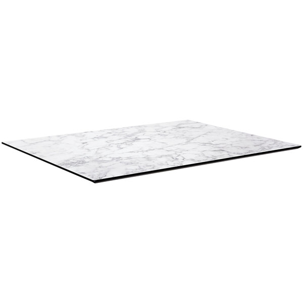 A white marble BFM Table Top with black edges.