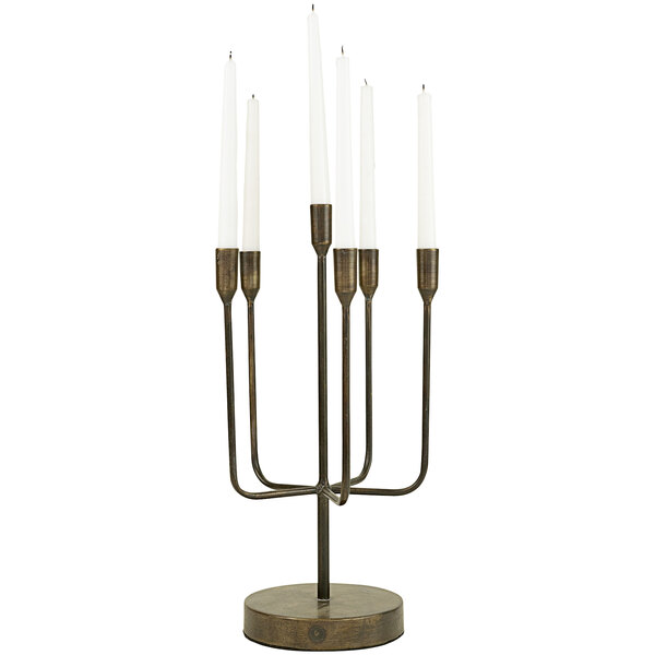 A metal Kalalou candelabra with candles on it.