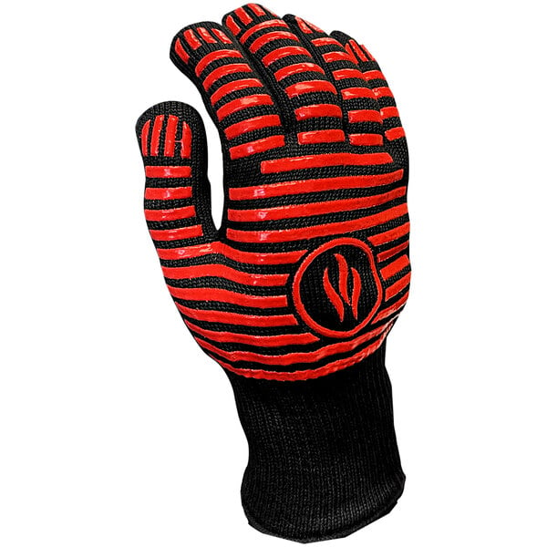 A close-up of a black and red Cordova oven glove with a red stripe.
