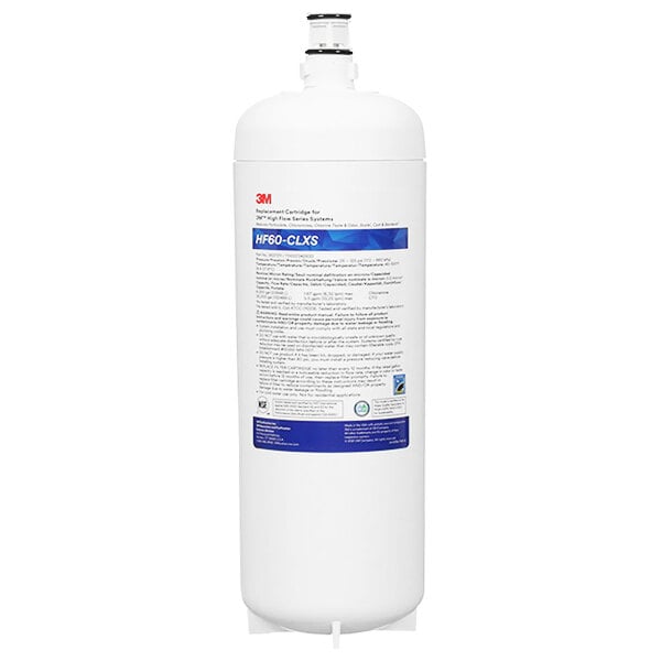 A white cylinder with a blue and black label reading "3M Water Filtration Products 5637211 High Flow Series HF60-CLXS Filter Cartridge"