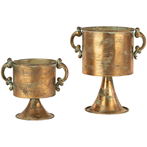 A set of two bronze metal planters with handles.