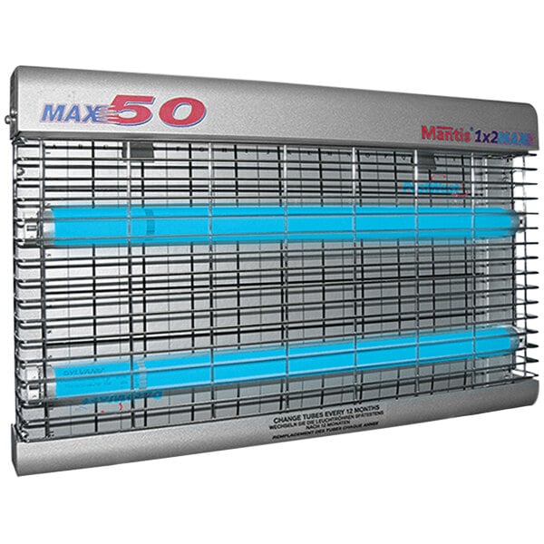 A gray rectangular PestWest Mantis MAX50 insect light trap with black metal bars.