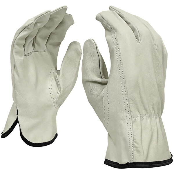 A pair of Cordova white grain goatskin gloves with black stitching.