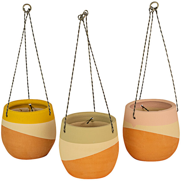 Three Kalalou multicolor clay hanging pots with chains and hooks.