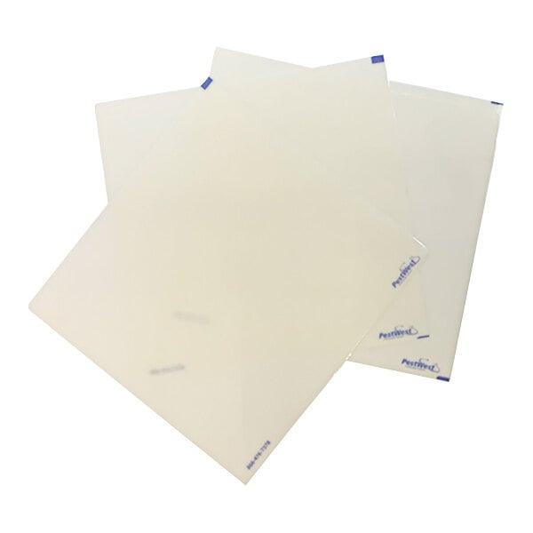 Three white rectangular PestWest translucent glue boards with blue writing on them.