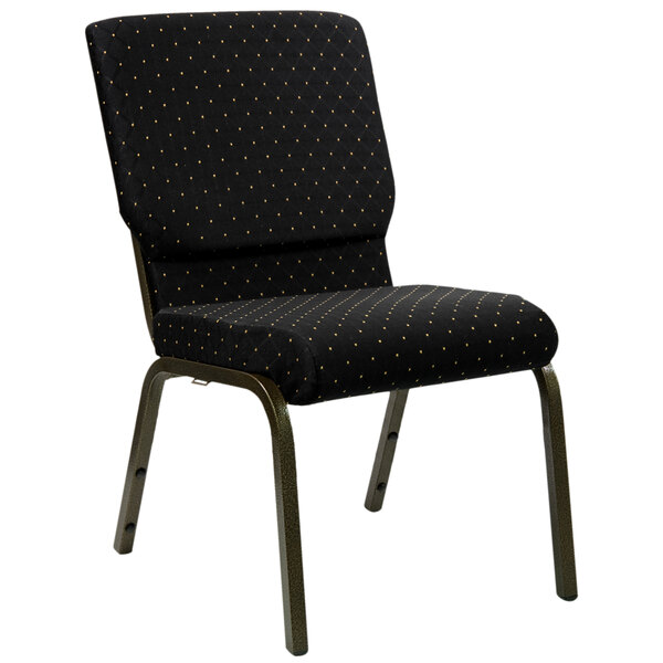A black church chair with gold dots.