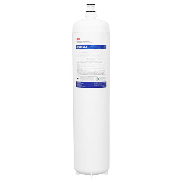 A white 3M Water Filtration Products cylinder with a blue label.