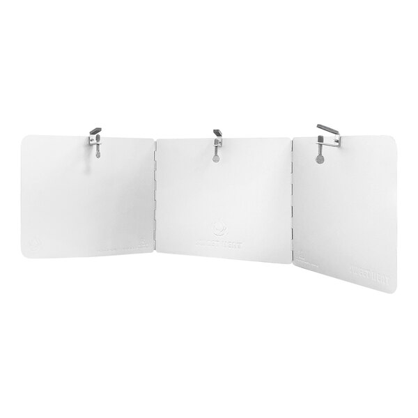 A white rectangular trifold heat reflector with metal clips.