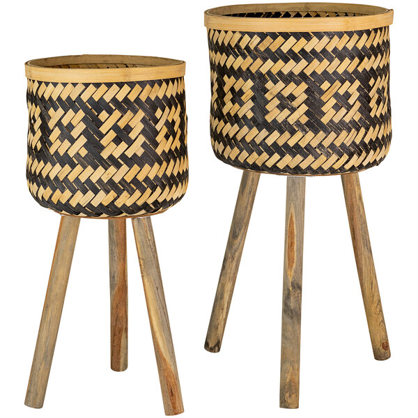 A pair of woven black baskets on wooden plant stands.