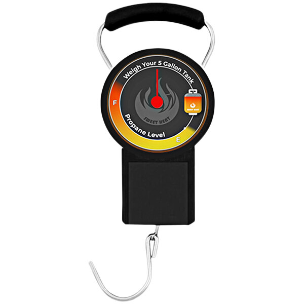 A black and orange Sweet Heat propane scale with a hook.