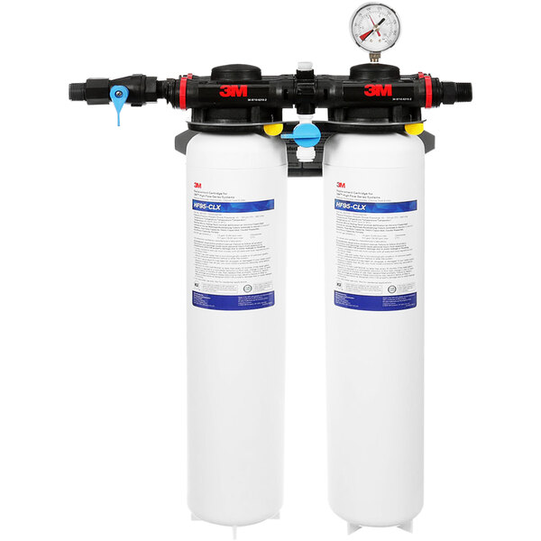 Two 3M water filters with blue labels and a pressure gauge.
