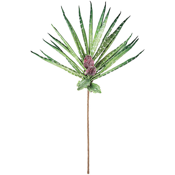 A green artificial agave plant on a stick with purple flowers.