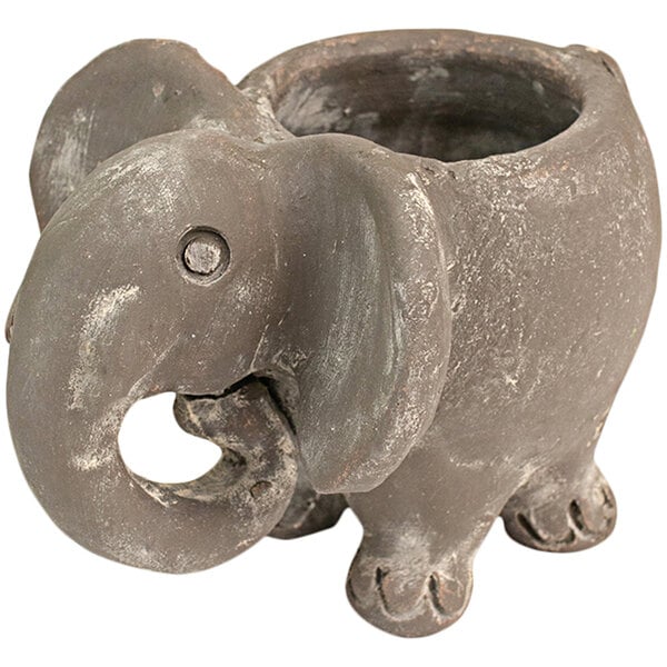 A grey Kalalou clay elephant planter with a handle.