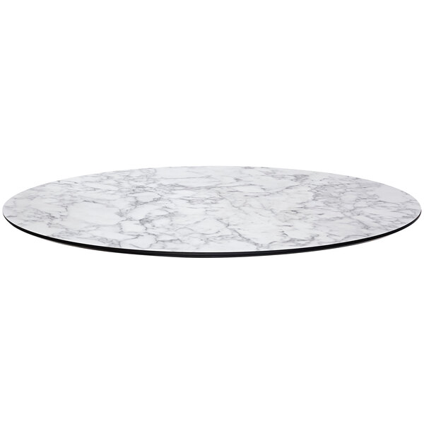 A BFM Seating white marble table top with a marbled surface and knife edge.