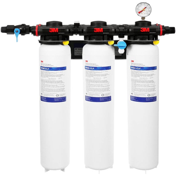 3M High Flow Water Filtration System with a Pressure Gauge on a white background.