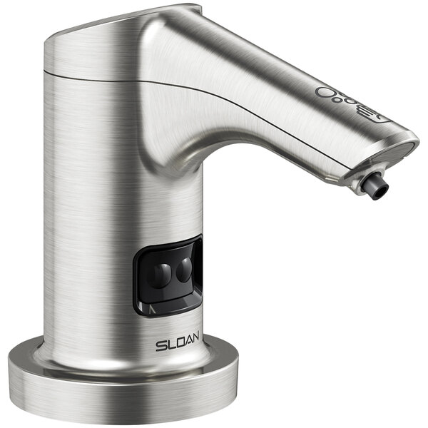 A Sloan stainless steel deck mount foam soap dispenser with a silver button.