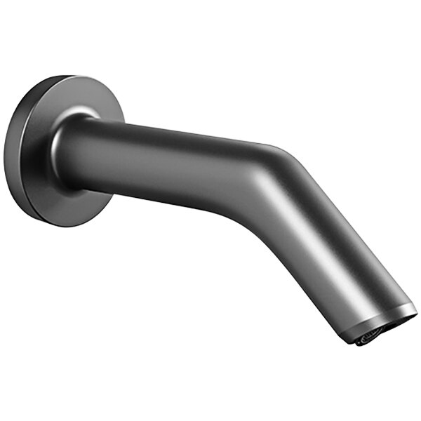 A close-up of a Sloan graphite wall mount faucet with a metal nozzle.