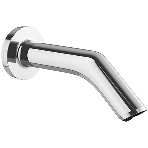 A close-up of a Sloan Optima wall mount sensor faucet in polished chrome with a nozzle.