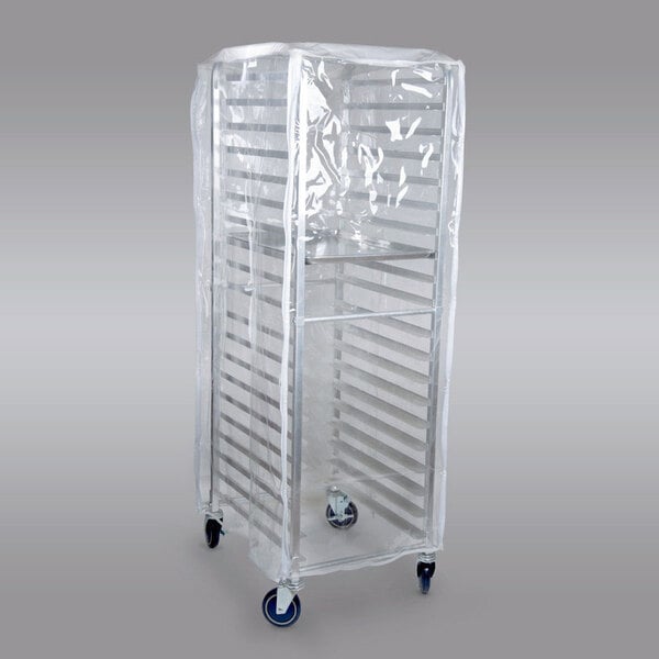 A Curtron clear plastic cover on a metal bun pan rack.
