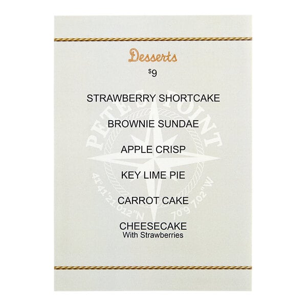 A customizable 5" x 7" waterproof menu with squared corners for desserts.
