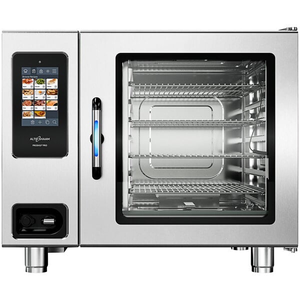An Alto-Shaam stainless steel commercial combi oven with a glass door.