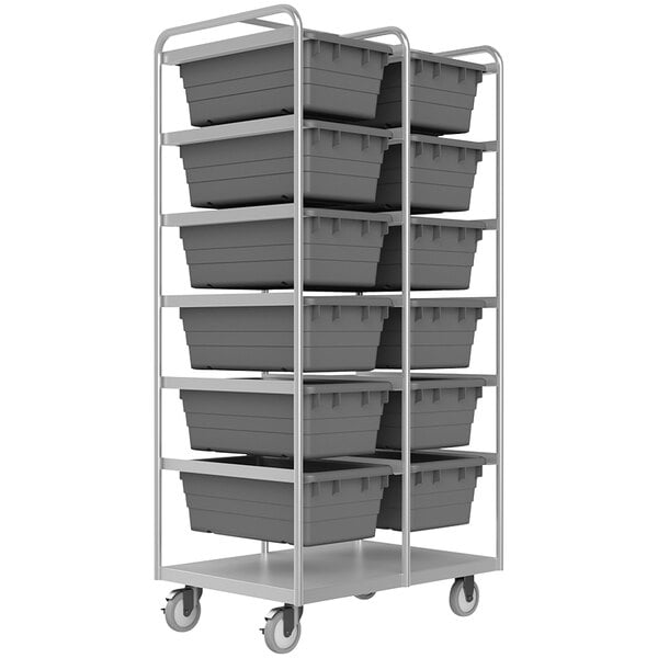 A stainless steel Durham storage bin cart with gray bins on it.