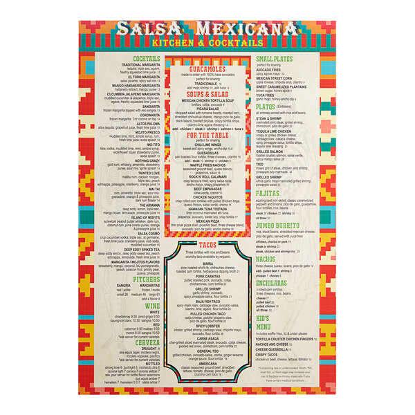A 13" x 19" customizable waterproof menu with colorful stripes and a colorful border.