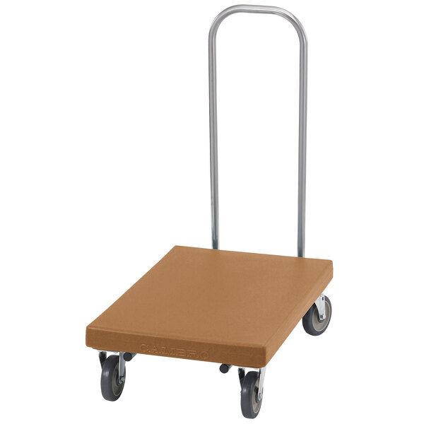 A brown square utility cart with black wheels.