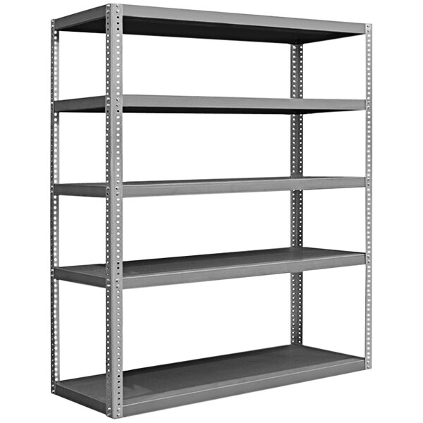 A grey Durham Mfg heavy-duty steel shelving unit with five shelves.