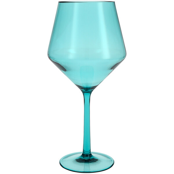 A close up of a Fortessa Sole aqua sky blue wine glass with a long stem.