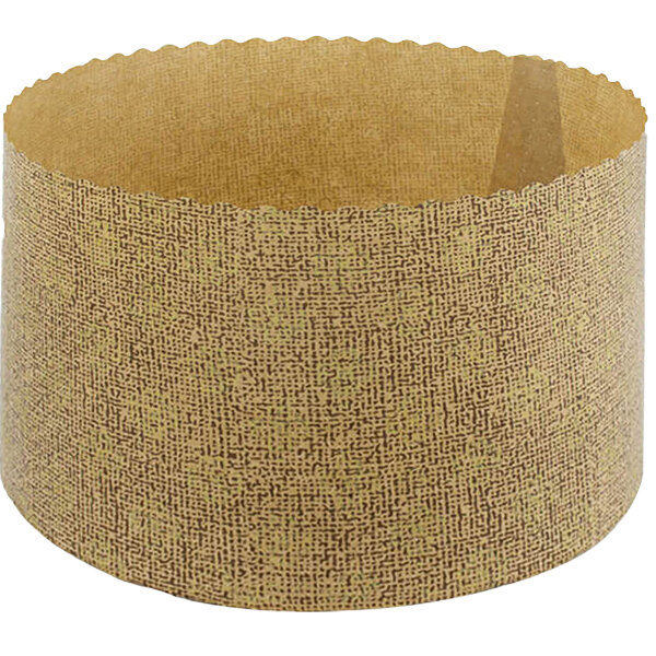 A brown paper cylinder with a scalloped edge and a pattern.