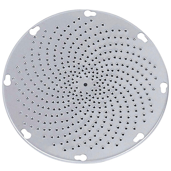 A Hobart grater plate, a circular metal plate with holes in it.