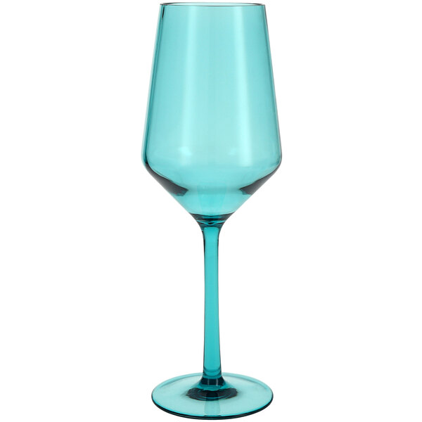 A close up of a Fortessa Sole Aqua Sky Tritan plastic white wine glass with a long stem and a blue glass 