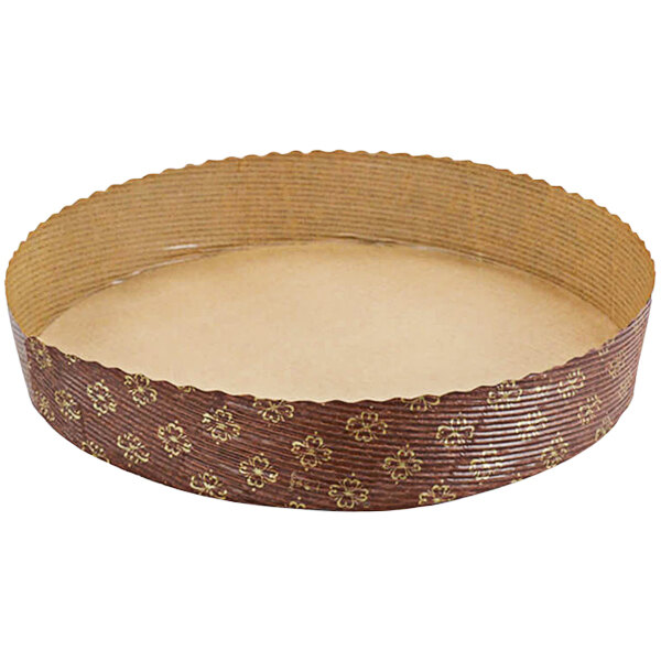 A brown and gold patterned Novacart paper baking mold with a lid.