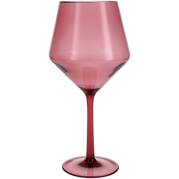 A close up of a Fortessa Sole red wine glass with a stem and red rim.
