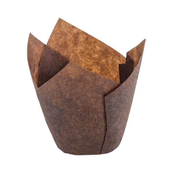 A close-up of a brown paper Novacart tulip baking cup with a brown paper wrapper.