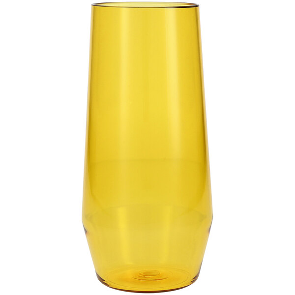 A close up of a yellow Fortessa Sole Tritan plastic beverage glass on a white background.