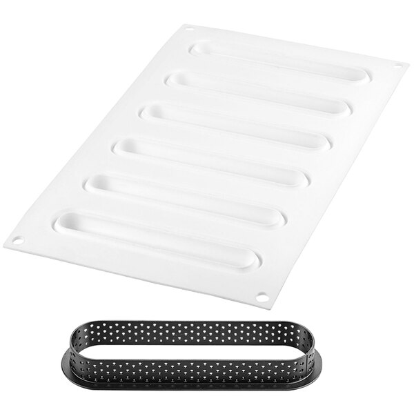A white plastic tray with long oblongs and a black band.