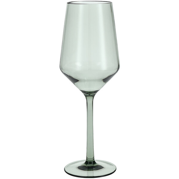 A close-up of a clear Fortessa Sole plastic wine glass with a stem.