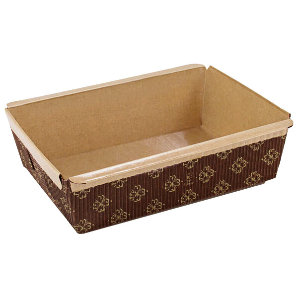 A brown and tan rectangular Novacart bread loaf mold box with a lid.