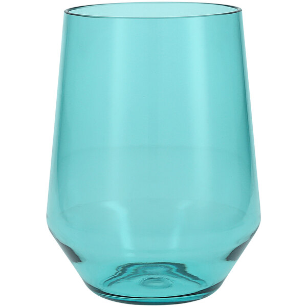 A blue Fortessa Sole stemless wine glass.
