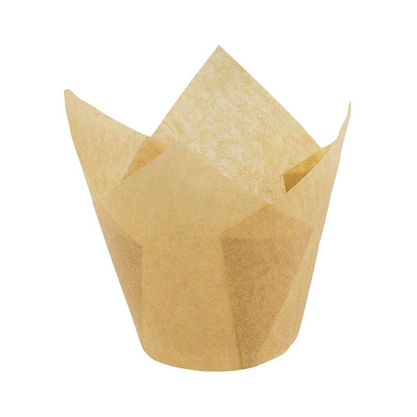 A Novacart natural kraft paper tulip baking cup with a folded edge.