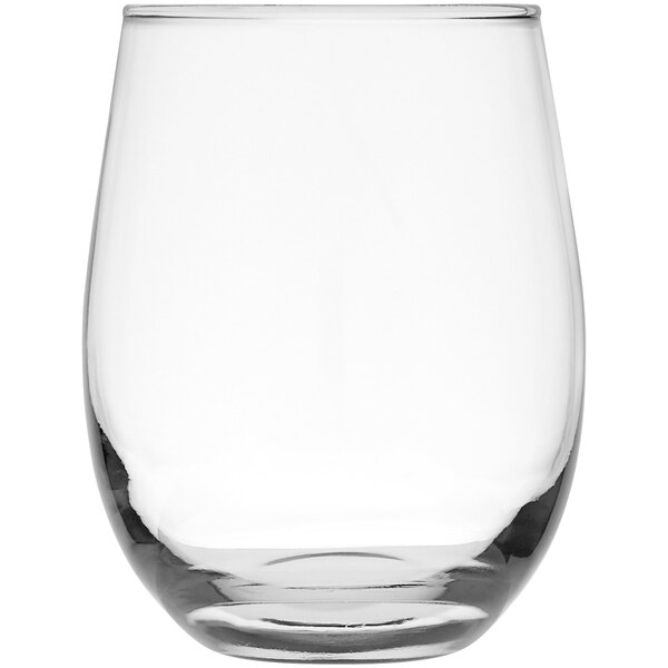 A clear glass Fortessa Basics Brew Pub stemless wine glass.