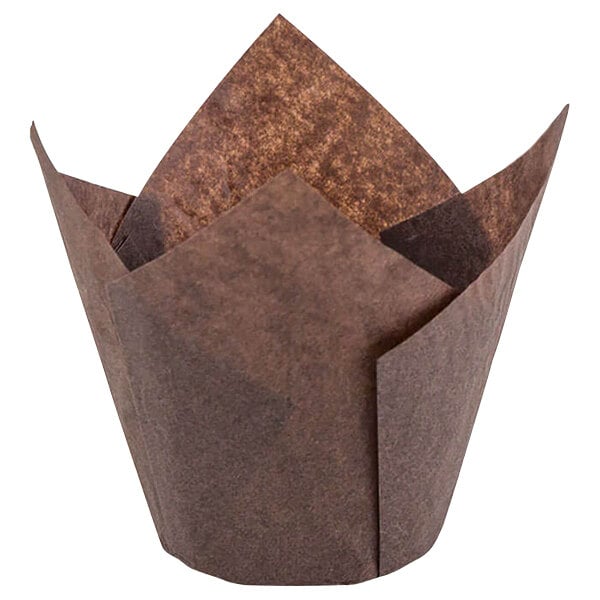 A close-up of a brown Novacart tulip baking cup with a folded top.