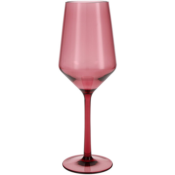 A close-up of a Fortessa Sole Tritan plastic white wine glass with a red stem.
