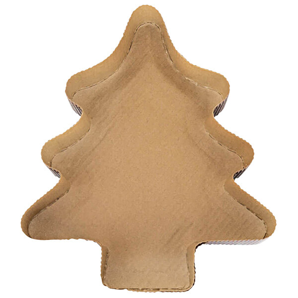 A brown cardboard Christmas tree shaped baking dish with a white border.