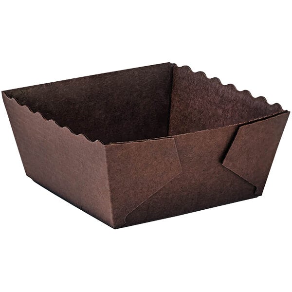 A brown square paper container with a fold up edge.