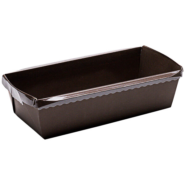 A brown rectangular paper baking mold with a clear lid.